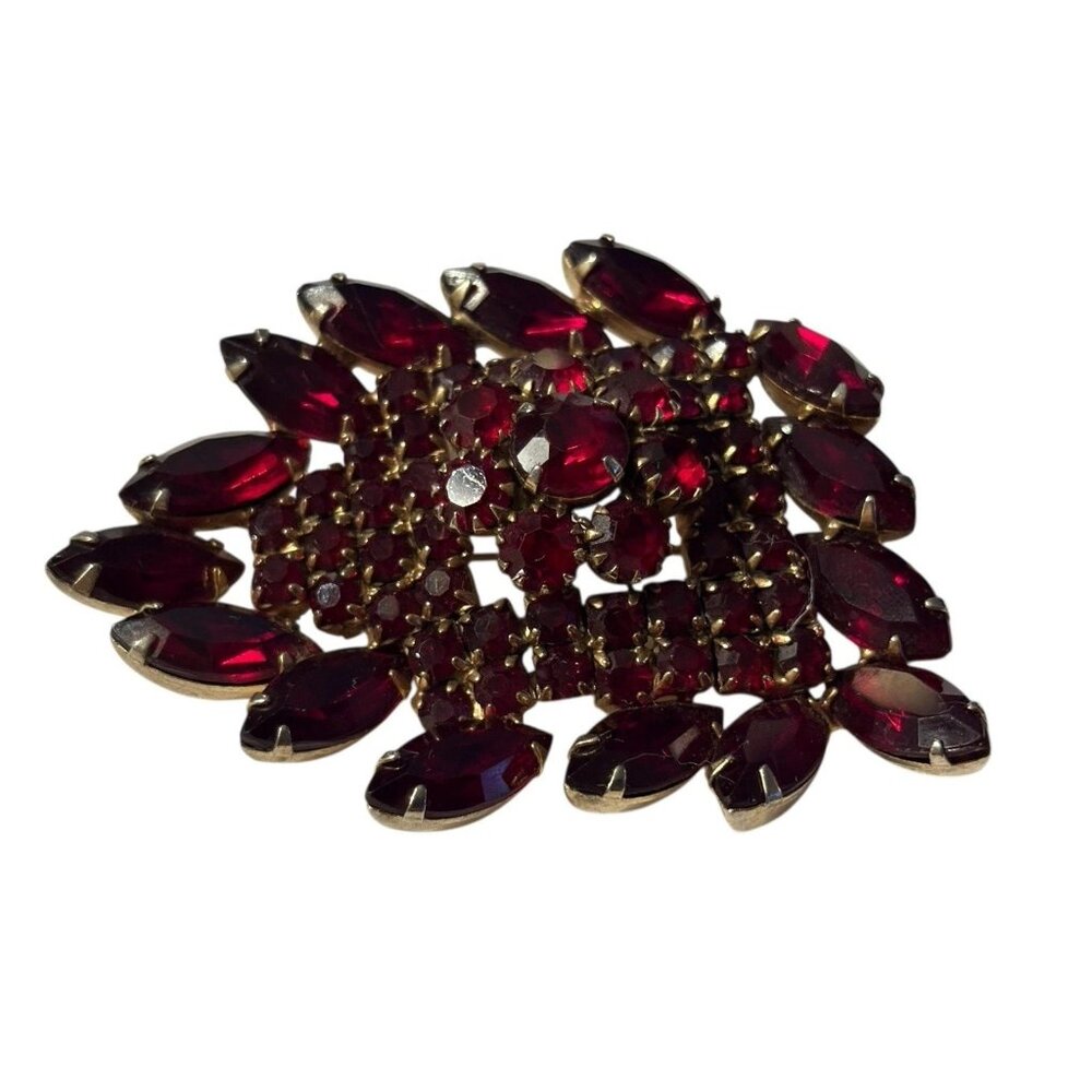 VTG Red Brooch Pin Navette and Round Rhinestone Gold Tone Large Statement Chunky - Picture 6 of 16